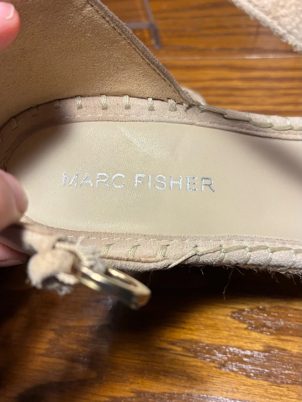 Marc Fisher Suede Ruffle Ankle Strap Espadrille Wedge Sandals Beige Size 7